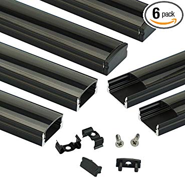 Muzata Black LED Channel System with Crystal Smoke Black Transparent Diffuser Clear Cover Lens,Aluminum Extrusion Track Housing Profile for Strip Tape Light with Video,6Pack 3.3ft U1SW BB 1M, LU1