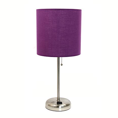 Limelights LT2024-PRP Brushed Steel Lamp with Charging Outlet and Fabric Shade, Purple