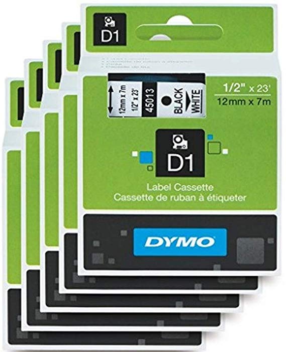 DYMO Standard D1 Labeling Tape for LabelManager Label Makers, Black print on White tape, 1/2'' W x 23' L, 1 catridge (45013) 5 PACK