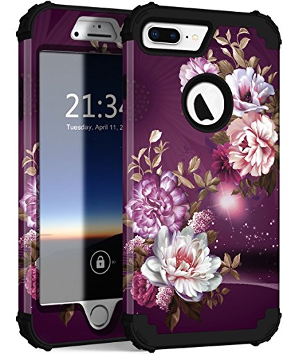 iPhone 8 Plus Case, iPhone 7 Plus Case, Hocase Heavy Duty Shockproof Protection Hard Plastic Silicone Rubber Hybrid Protective Case for iPhone 8 Plus/iPhone 7 Plus - Royal Purple/White Flowers