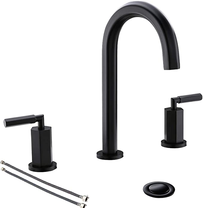 2 Handles 3 Holes Deck Mount Metal Black Widespread Bathroom Faucet By Phiestina, Bathroom Sink Faucet With Stainless Steel Metal Pop Up Drain,NS-WF001-6-MB