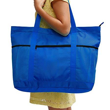 Large Beach Bag With Zipper - XL Foldable Tote Bag For Travel And Shopping - Large Tote Bag With Many Pockets (Blue)