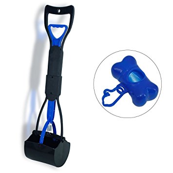 OSPet Foldable Long-handle Pooper Scooper for Dogs Cats Pets with Anti-Leak Blue Bags - Perfect for Picking up Poo Shit Without Smelling and Tuching