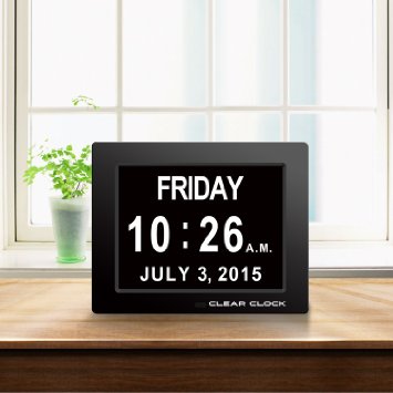 Clear Clock Extra Large Digital Memory Loss Clock With Non Abbreviated Day Dementia Clock (Black)