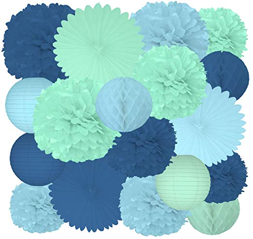 AVAbay 18 Pcs Party Tissue Paper Pom Poms Set Decoration for Birthday, Baby Shower,Wedding-Blue Shades Décor-12, 10", 8" Paper Flowers, Lanterns, Honeycombs-Blue, Mint and Cyan