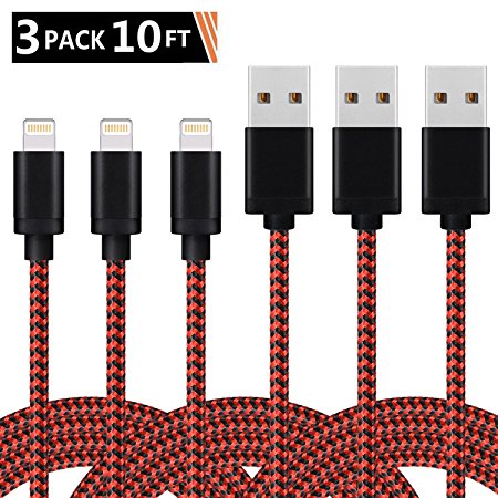 iPhone Charger Xcords 3Pack 10ft Nylon Braided Lightning Cable Fast Charging and Syncing Cord Compatiable with iPhone 8 8P X 7 7P 6 6s 6P 5 5s 5c SE iPad iPod Nano(Redblack)