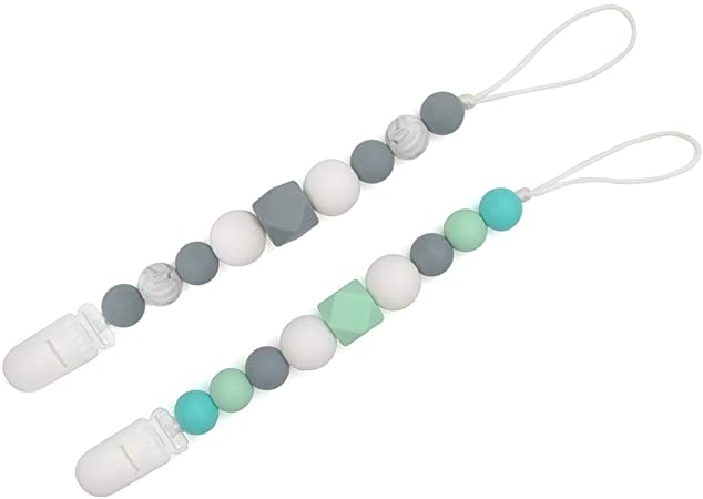 lofca Silicone Pacifier Clip Toy BPA Free Silicone Use with Any Pacifier or Teether Baby Teething Short Chain Pacifier 2 Pack (Miny/Grey)