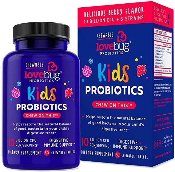 LoveBug Probiotics Kids Probiotic Chewable - Digestive   Immune Support Probiotic Supplement for Kids, with Prebiotic - 30 Naturally Flavored Berry Chewable Tablets - Vegan, Non-GMO (30)