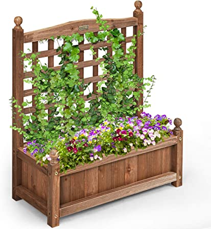 COSTWAY Wood Flower Plant Stand with Trellis, Solid Garden Trough Planter, Outdoor Garden Weather-Resistant Plant Rack for Vines, Climbing Flower, Plant Pot Boxvatory (64 x 28 x 75cm, Brown)