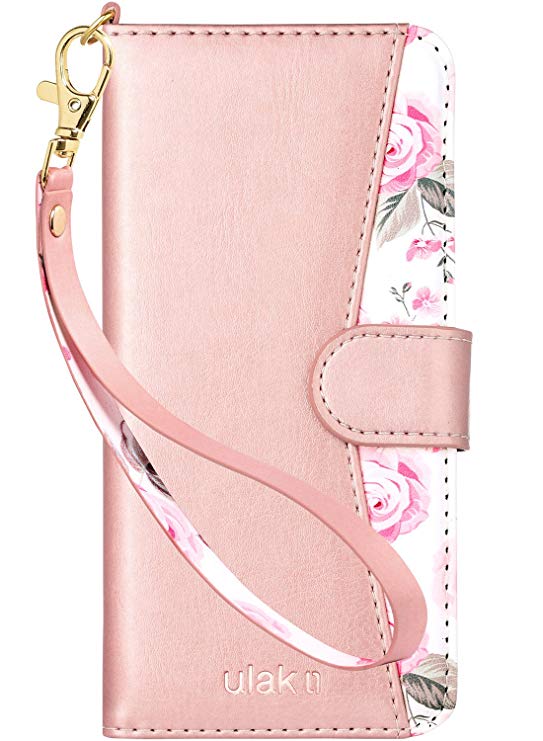 ULAK Galaxy S9 Wallet Case, Galaxy S9 Case Protective Floral PU Leather Wallet with Stand Card Holder ID Slot and Hand Strap Shockproof TPU Cover for Samsung Galaxy S9 5.8 Inch, Rose Gold