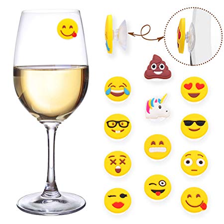 MelonBoat Poop Unicorn Emoji Wine Charms for Glasses, Universal Drink Markers with Suction Cup, 12 Pack