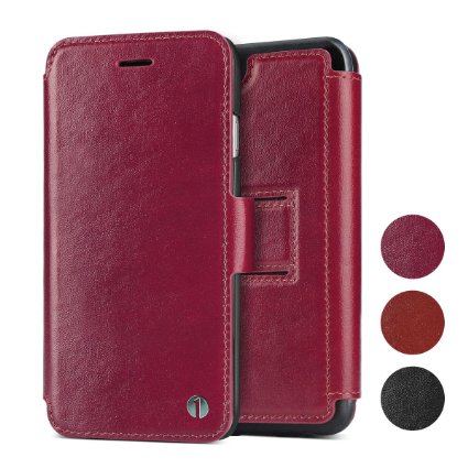 1byone Genuine Leather Wallet Stand Folio Case with Card Slot for iPhone 6  6s Plus Wine Red