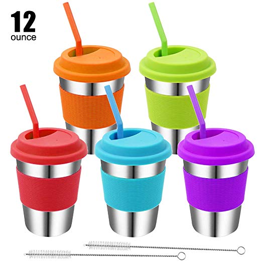 Rommeka Kids Stainless Steel Cups, 5 Pack Colorful Drinking Tumbler Sippy Cup with Silicone Lids and Straws Metal Mugs for Toddlers, Children and Adults - 12oz