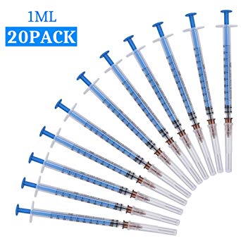 20Pack-1ml/cc-27Ga Syringes with Needles and Caps,Veterinary Disposable Syringe,Plastic Syringe,Glue Dispensing Syringe,Single sterile Individually Packaged (1ML)