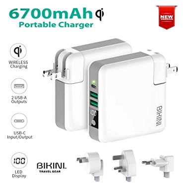 6700mAh Power Bank, Qi 5W Wireless Charger, Type-C Port & 2xUSB Port Portable External Battery Charger w/Replaceable AC Wall Plugs US/EU/UK/AU Travel Charger for iPhone X Samsung Galaxy S9/S8 & More