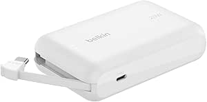 Belkin Power Bank, Portable Power Bank with Integrated Cable 10K PD 20W - Fast Charge USB-C Power Delivery, Portable iPhone Charger for iPhone 16 Series, iPad Pro, Galaxy S24, and More - White