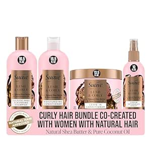 Suave Luscious Curly Hair Shampoo and Conditioner Set for Women With Natural Hair, with Leave-In Conditioner for Curly Hair and Detangling Spray, 4 Count