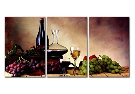 Canvas Print Wall Art Painting For Home Decor Still Life Of Red Grape Wine Goblet And Green Grapes On Vintage Background 3 Pieces Panel Paintings Modern Giclee Stretched And Framed Artwork The Picture For Living Room Decoration Wine Pictures Photo Prints On Canvas
