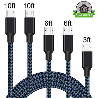CBoner Micro USB Cable,5Pack 3FT 2x6FT 2x10FT Long Premium Nylon Braided Android Charger USB to Micro USB Charging Cable Samsung Charger Cord for Samsung Galaxy S7 Edge/S7/S6/S4/S3,Note 5/4/3-Blue
