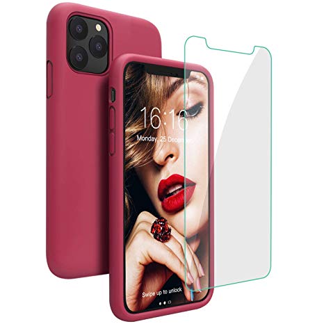 Case for iPhone 11 Pro Max, JASBON Liquid Silicone Phone Case with Free Tempered Glass, Soft Gel Rubber Bumper Anti-Slip Protective iPhone 11 Pro Max Case 6.5 inch for Apple 11 Pro Max - Rose Red