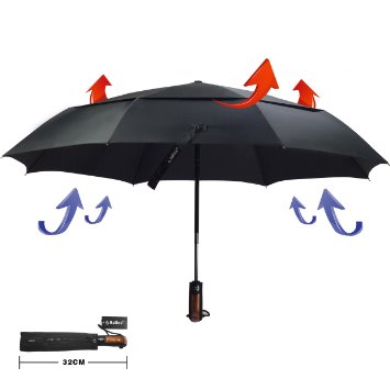 Top Quality Balios Auto Open and Close--Vented Double Canopy Compact Folding Umbrella--285T Premium Fabric--Quality Water-Repellent Ultra Light Fabric--Sturdy and Specially Constructed Frame--Ultra Comfort Handle--Mens and Ladies--Classic Black