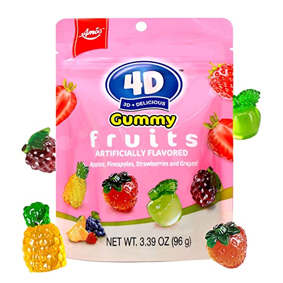 Amos 4D Gummy Fruit Snacks Chewy Fun 3D Jelly Candy Free of Fat Concentrated Real Fruit Strawberry Pineapple Grapes Apple Juice 3.35 Oz Per Bag(Pack of 12)