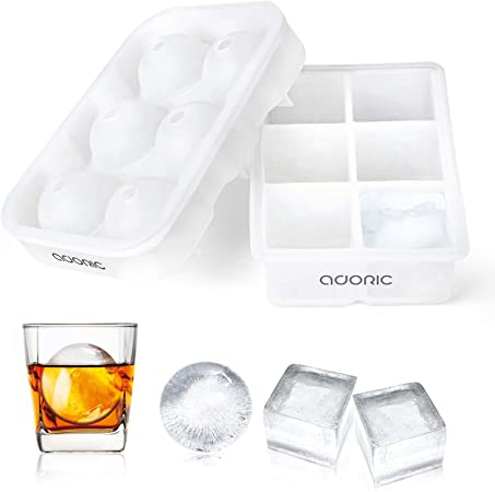 Ice Cube Tray, Adoric Ice Trays, Transparent Silicone Ice Cube Tray Sphere Ice Ball Maker with Lid and Large Square Ice Tray For Whiskey, Reusable and BPA Free (2 Pack)