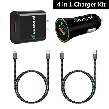 Qualcomm Certified Micro USB Quick Charge 3.0 Charger Kit, CeeOne Micro USB 4-in-1 Essential Home and Car Charger Kit with 2-Pack 6ft Nylon Braided Cable for Android Devices and More