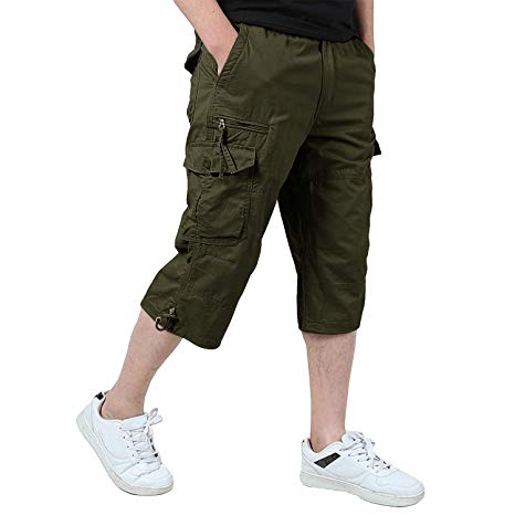 Ivnfout Men's Casual Twill Elastic Cargo Shorts Below Knee Loose Fit Multi-Pocket Capri Long Shorts