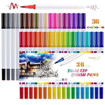 Dual Coloring Markers, Magicfly 36 Colors Dual Brush Pens Watercolor Dual Tip Markers with Fineliner Tip 0.4 and Highlighters Brush Tip(1mm-2mm)