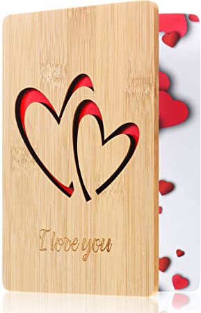 Valentines Day Card I Love You Card Bamboo Wooden Greeting Cards for Valentines Day Birthday Anniversary Presents (Khaki)