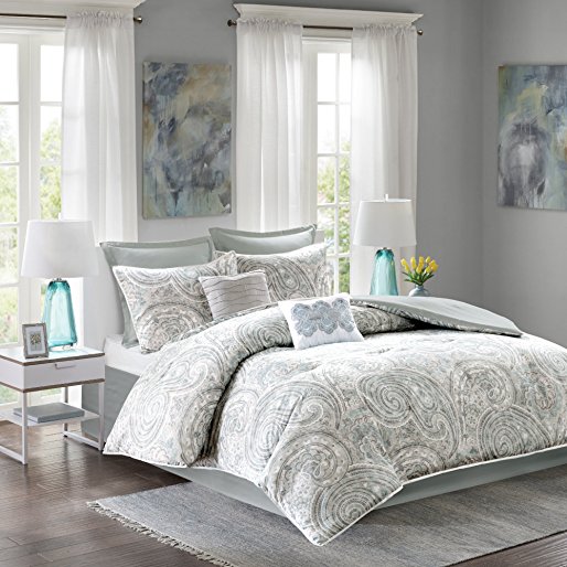 Comfort Spaces - Kashmir Comforter Set - 8 Piece - Paisley Pattern - Blue, Grey - Full/Queen Size, includes 1 Comforter, 2 Shams, 1 Bedskirt, 2 Euro Shams, 2 Décorative Pillows