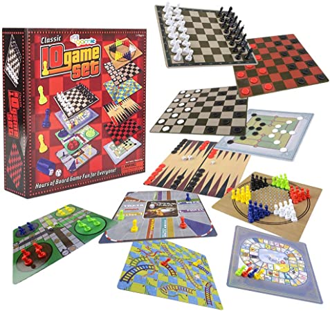 Gamie 10 in 1 Board Game Set, Travel-Friendly Family Board Game Set with Backgammon, Chinese Checkers, Snakes and Ladders, Game of The Goose, Sorry, Draught, Racing Game and More