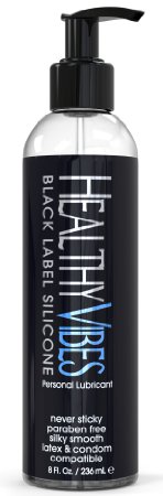 Healthy Vibes Silicone Based Premium Intimate Lubricant 8 Fl Oz - Latex Safe - Paraben Free and Glycerin Free Platinum Black Label Lube - For Men and Women - Pump Top
