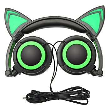 Cat Ear Headphones,SNOW WI Flashing Glowing Cosplay Fancy Cat Headphones Foldable Over-Ear Gaming Headsets Earphone with LED Flash light for iPhone 7/6S/iPad,Android Mobile Phone,Macbook (green)