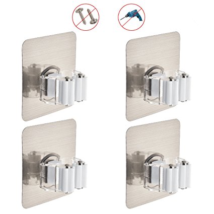 Mop Holder Idealco （4 Pack） Broom Hanger, Reusable Mop Broom Organizer Mop Rack Non-slip and Waterproof,Self Adhesive Wall Mounted Tool,Storage Rack Storage & Organization Super Adhesion for Your Home