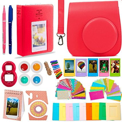 DNO Fujifilm Instax Mini 9/8 Camera Accessories (11 Piece Kit) - Includes Protective Case/ Hanging Frames/ Filters/ Selfie Len/ Photo Album/ Stickers and More - Portable & Perfect Gift (Raspberry)