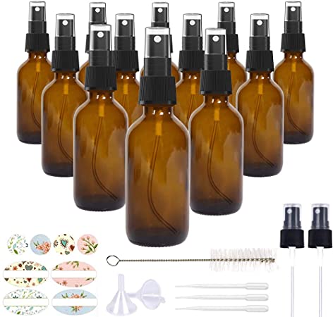 12 Pack, HwaShin 2oz Amber Glass Spray Bottles with Black Fine Mist Sprayers for Essential Oils, Perfumes & Aromatherapy (1 Brush, 2 Funnels, 3 Droppers, 2 Extra Nozzles, 24 Pieces Labels Included)