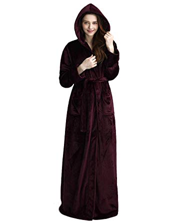 Womens Long Hooded Bathrobe Fleece Full Length Bathrobe with Hood Winter Sleepwear