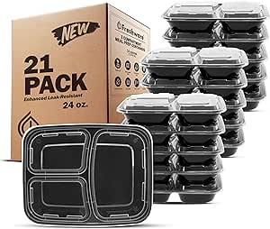 Freshware Meal Prep Containers [21 Pack] 3 Compartment with Lids, Food Storage Containers, Bento Box, BPA Free, Stackable, Microwave/Dishwasher/Freezer Safe (24 oz)