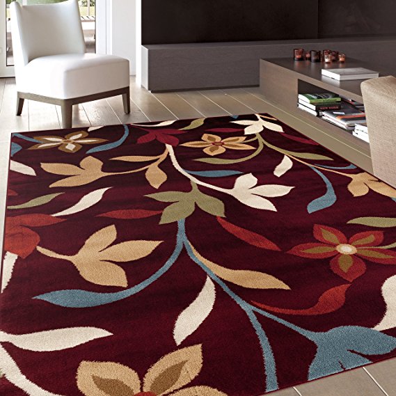 Rugshop Modern Contemporary Leaves Design Area Rug, 7' 10" x 10' 2", Burgundy