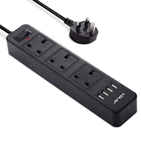 JSVER Portable Extension Lead with 4 USB Desktop Power Strip Smart Charging Station 3 Outlets for Home Travel, Black