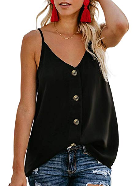 BLENCOT Women's Button Down V Neck Strappy Tank Tops Loose Casual Sleeveless Shirts Blouses