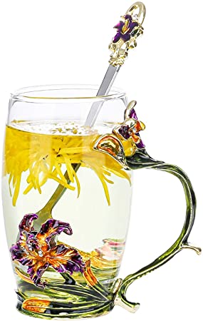 COAWG Flower Glass Tea Cup, 12OZ Enamel Handmade Clear Coffee Mug Decorated with Iris Flower Great Gift Idea for Women, Sister, Wife, Mother, Christmas Thanksgiving`s Day New Year (12OZ-Iris)