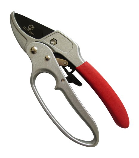 Ratchet Pruning Shears - Sharp 8-inch Garden Hand Pruners - Easy Ratcheting Action - Best Secateurs for Small to Medium Jobs - High Carbon Steel Blade Cuts Wood up to 1" - Makes Pruning Easier - Simple to Lock or Unlock - 100% Money Back Guarantee