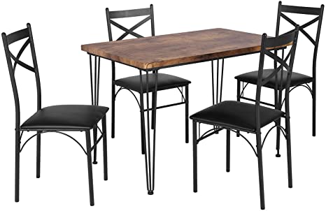 VECELO Industrial Style Table and 4 Chairs with Metal Legs for Breakfast Nook, Kitchen, Room Dining Set for 4, Black