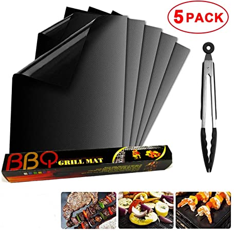 Lambony BBQ Grill Mat Set of 5, Non Stick Reusable Barbecue Grill & Bake Mats For Oven, Gas, Charcoal, Electric Grill, Resistant Up to 500F (260 ℃) with Tongs