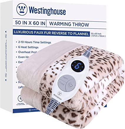 Westinghouse Electric Blanket Heated Throw, Leopard Brown | Luxury Faux Fur to Flannel Reversible, 50x60in | 6 Heating Levels & 2-10 Hour Time Setting, Machine Washable