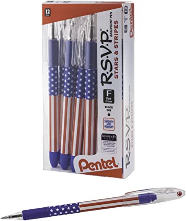 Pentel RSVP Ballpoint Pen, (0.7mm) Fine Line, Flag Barrel, Black Ink,12 pack (BK90USA-A)