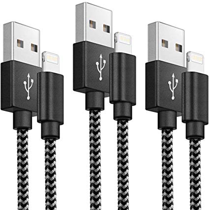 MaxTeck Nylon Braided USB Charger Cable Compatible for iPhone 5/6/6s/7/8/X/XS/XS MAX - 3 Pack- 1/2/3 M- Black